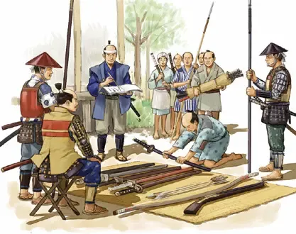 Samurai conducting a sword hunt to confiscate weapons from commoners and adversaries